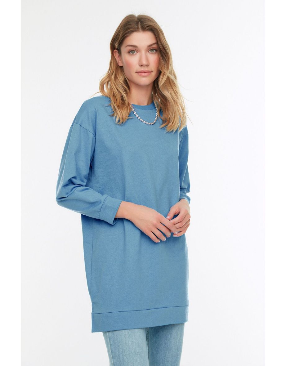 Blue Crew Neck Slit Detailed Basic Knitted Sweatshirt