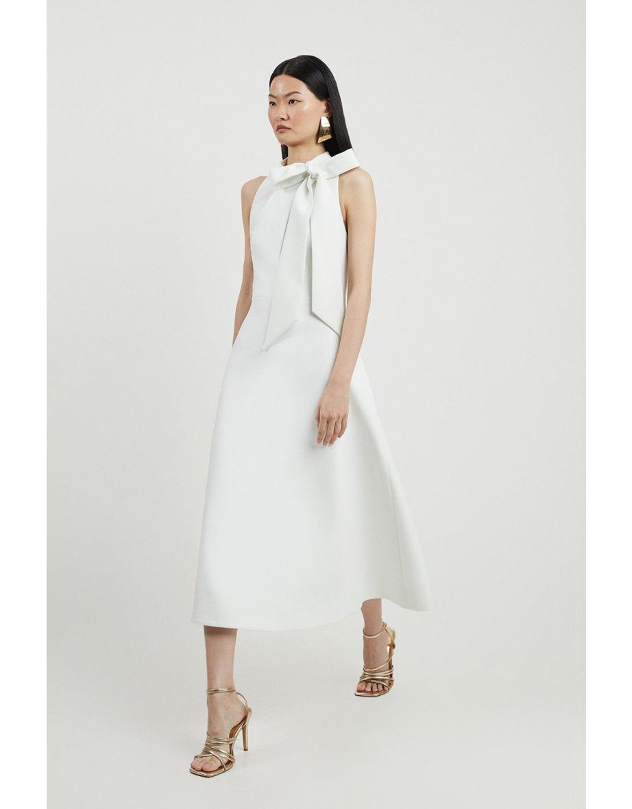Petite Compact Stretch Tie Neck Full Skirted Midi Dress - 2