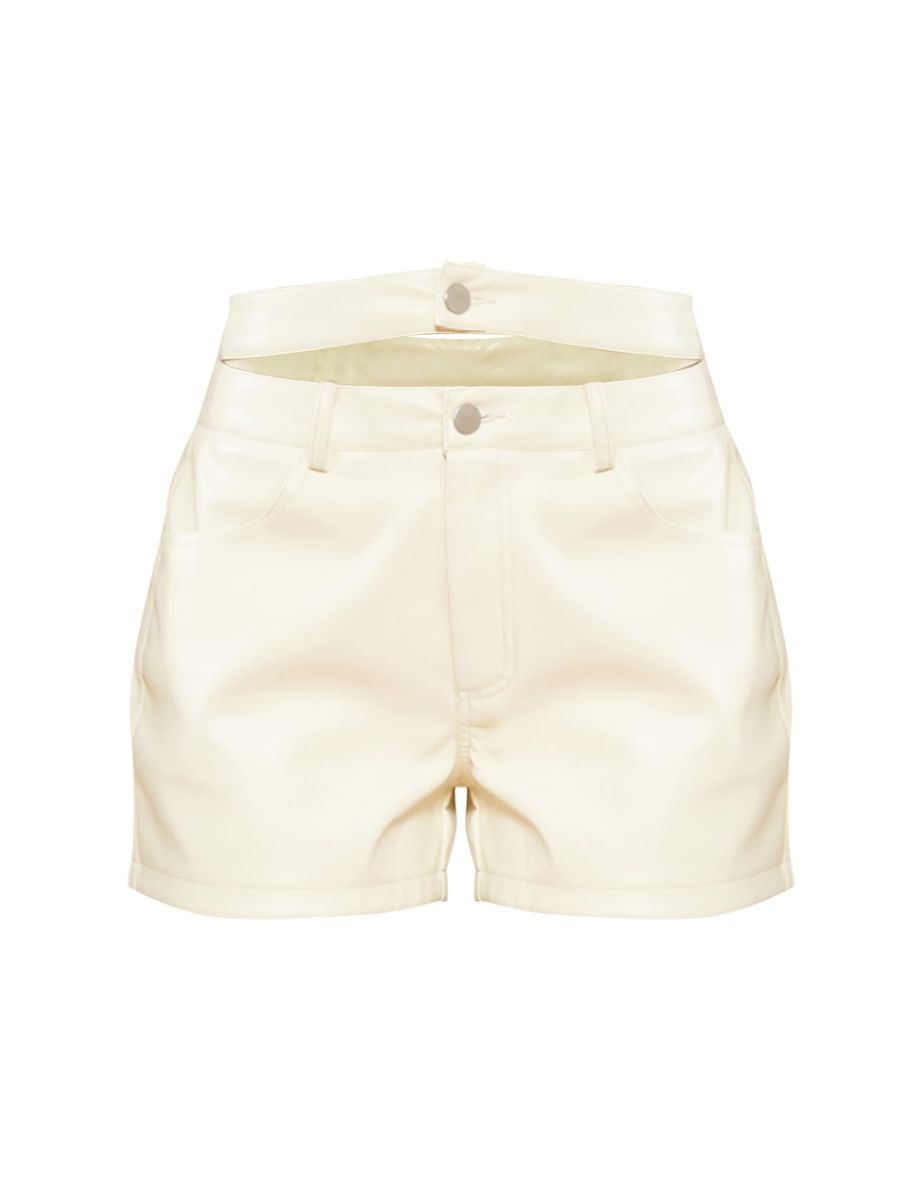 Cream Faux Leather Double Waist Tailored Shorts - 5