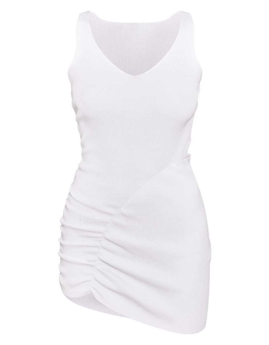 White Asymetric Ruched Rib Knit Mini Dress - 4