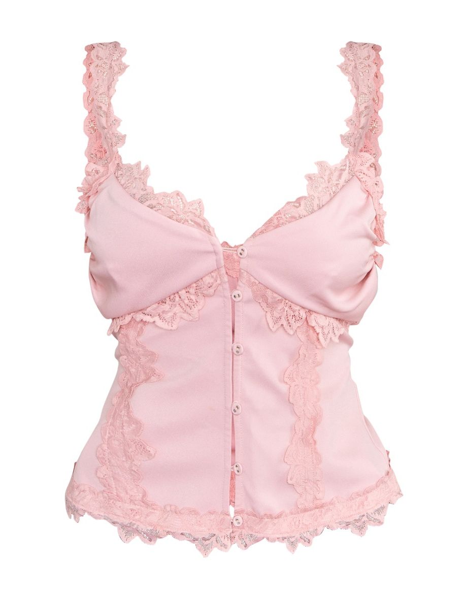Petite Baby Pink Lace Trim Button Cami - 4