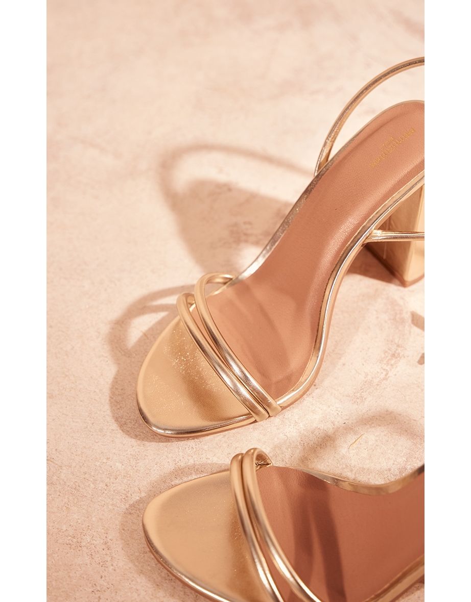 Gold Wide Fit Metallic PU Round Toe Barely There Block High Heeled Sandals - 3