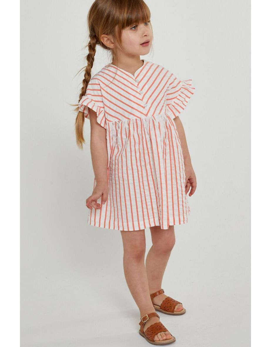 Striped Cotton Seersucker Dress with Ruffles
