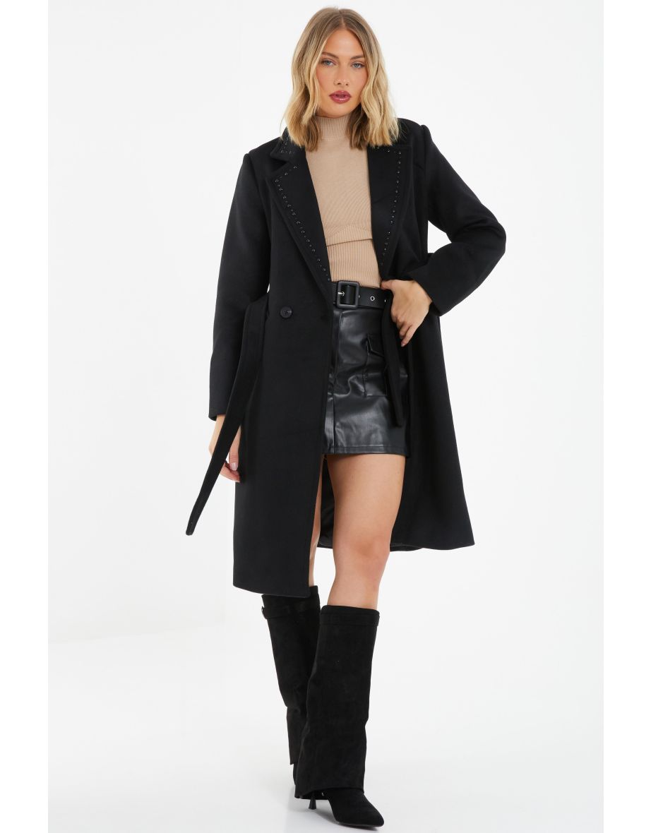 Black Stud Trim Tie Belt Coat