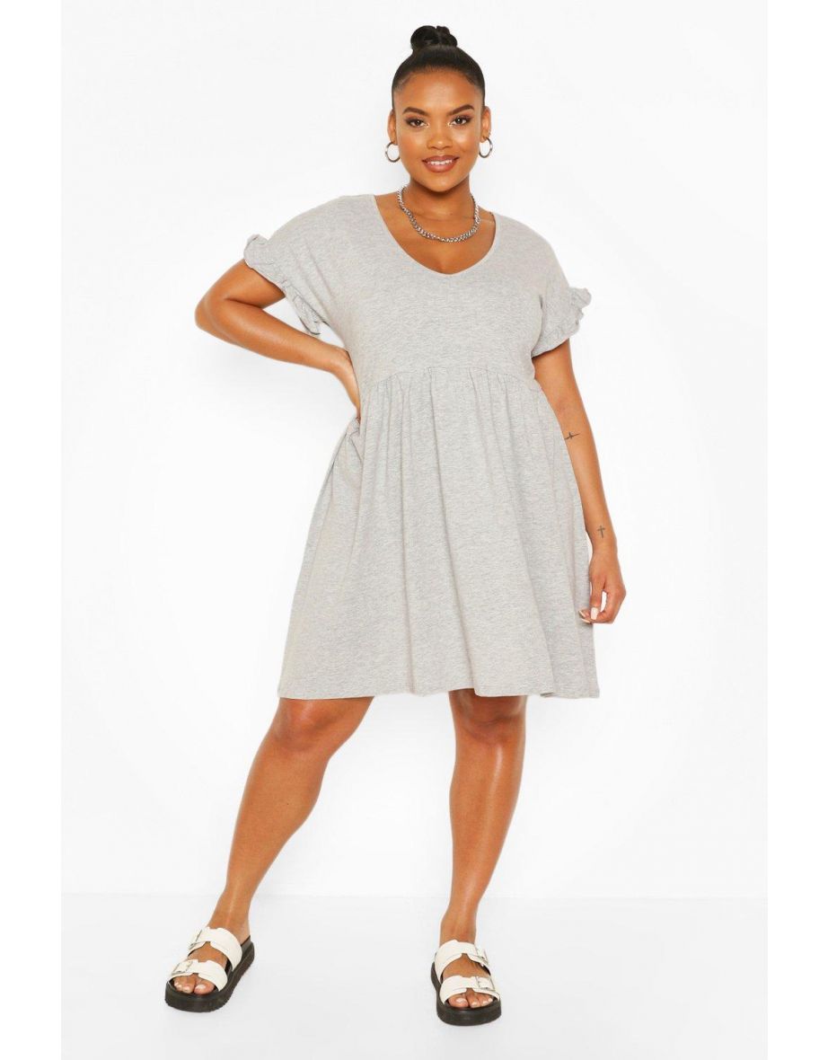 Plus Ruffle V Neck Smock Dress - grey marl