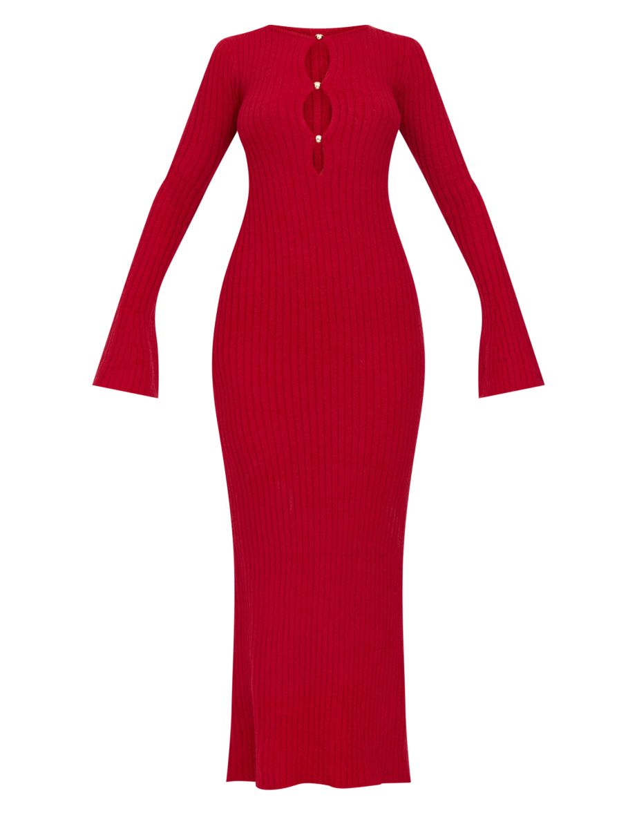 Wine Soft Knit Flared Sleeve Cut Out Front Maxi Dress - 4