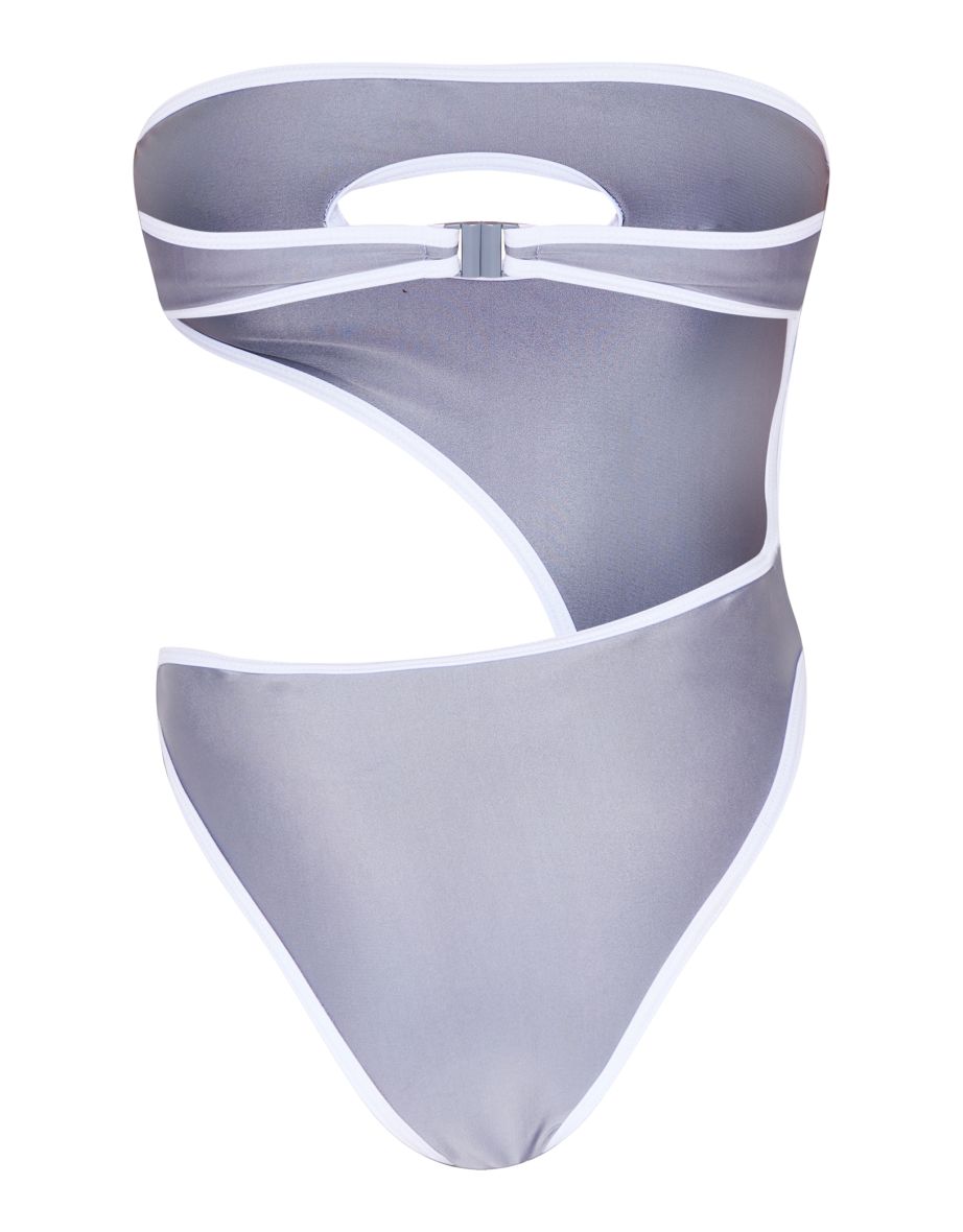 Grey Contrast Cut Out Asymmetric Swimsuit - 5