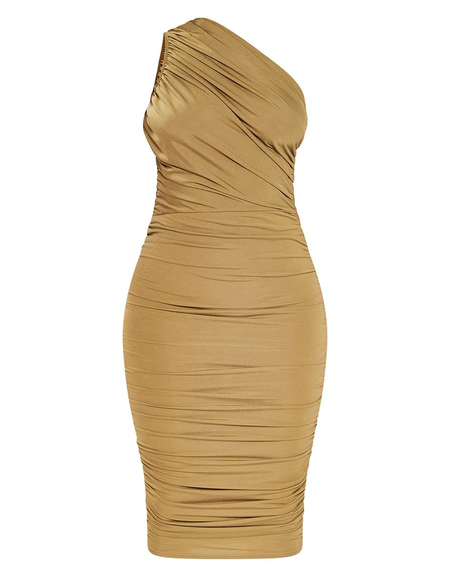 Petite Olive Slinky Ruched One Shoulder Longline Midi Dress - 4