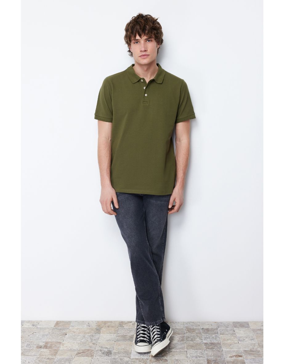 Khaki Men's Basic Slim Short Sleeved Textured Polo Neck T-shirt
