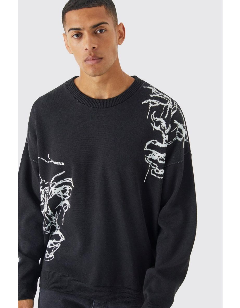 Oversized Drop Shoulder Line Drawing Knit Jumper - black - 2