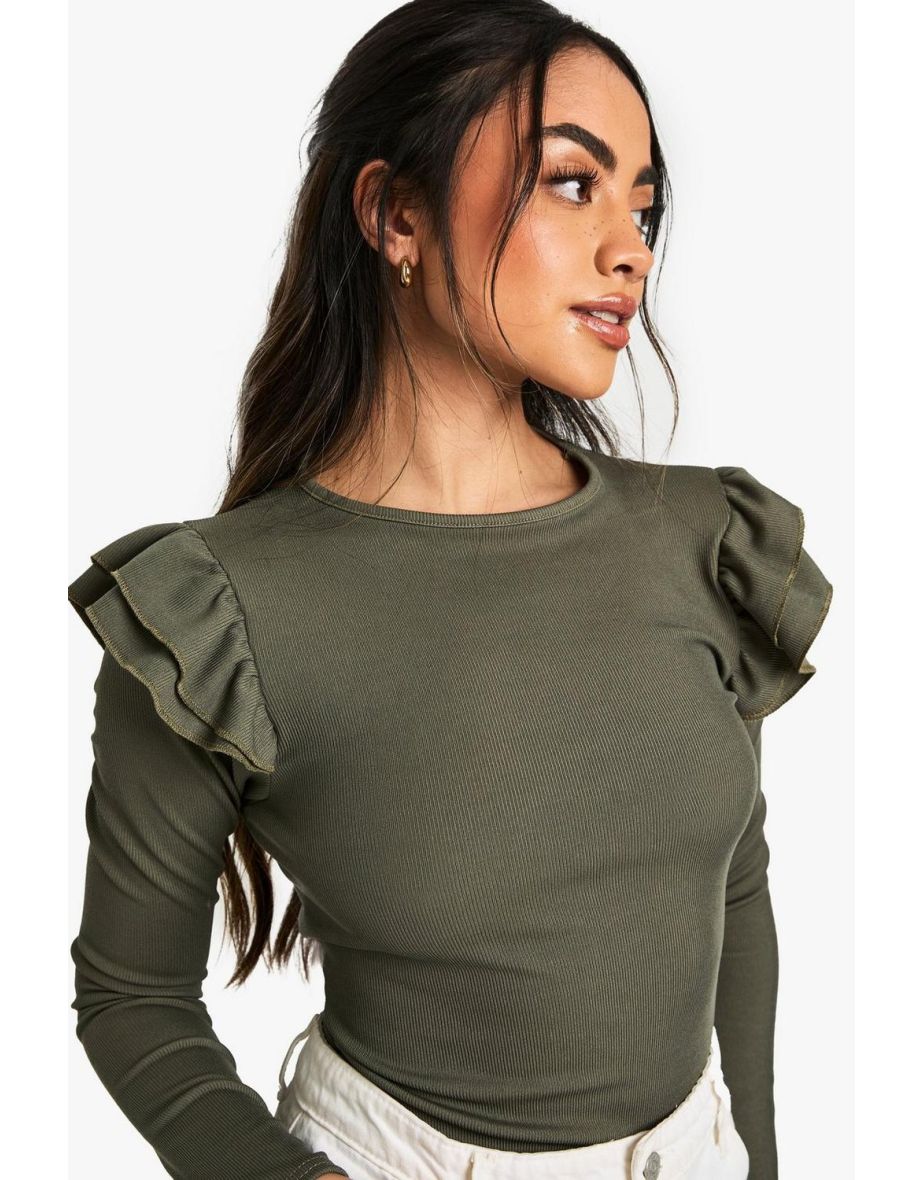 RIBBED FRILL SHOULDER LONG SLEEVE TOP - khaki - 3