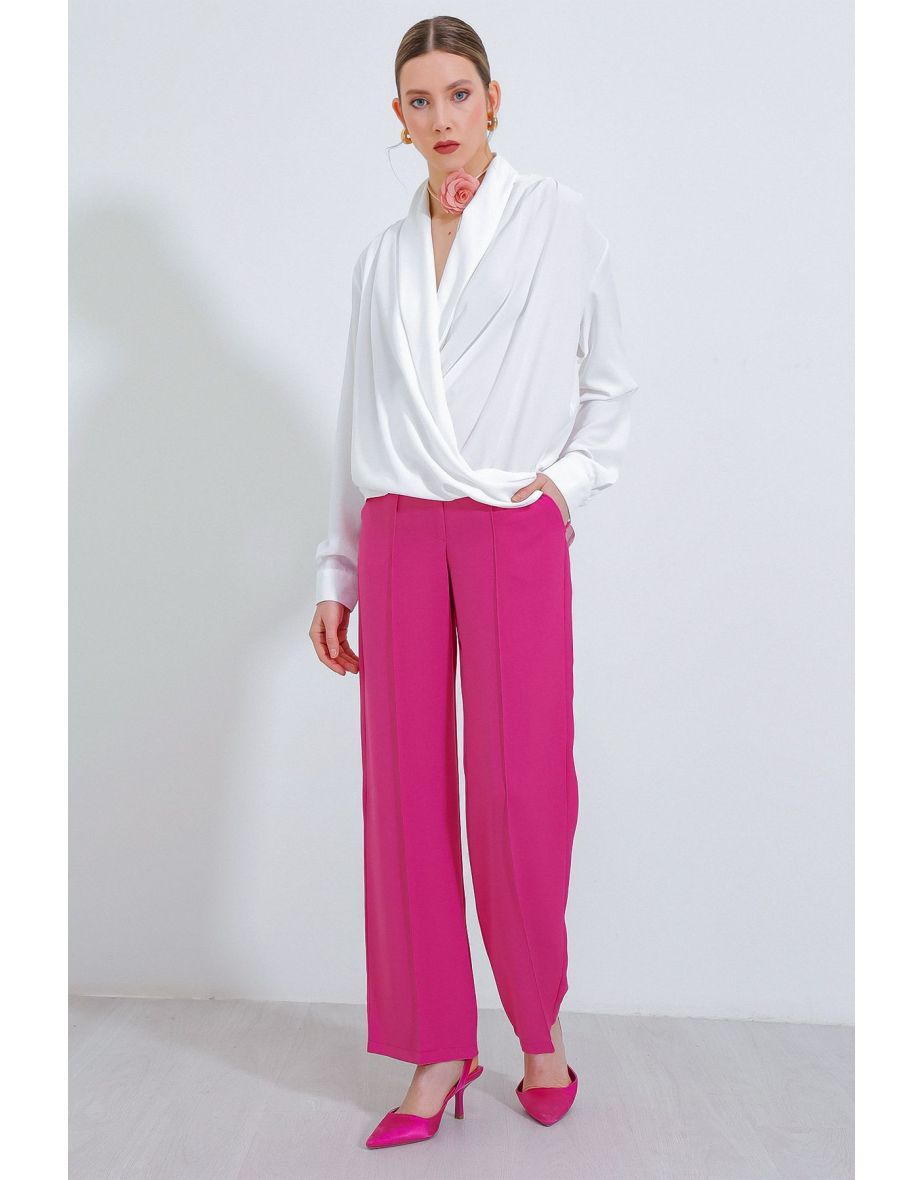Women's White Double Breasted Collar Flowing Satin Blouse