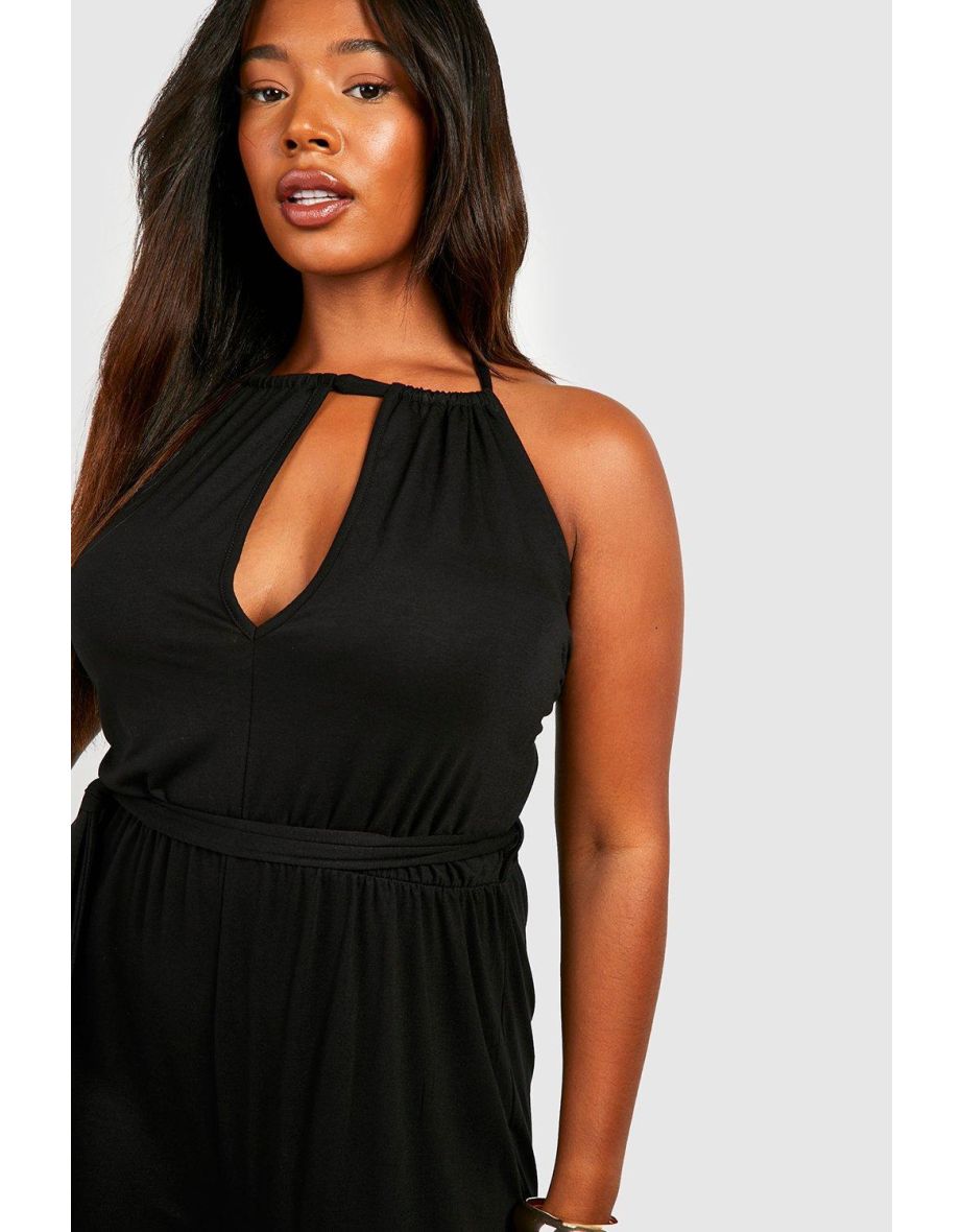 Plus Jersey Key Hole Belted Jumpsuit - black - 3