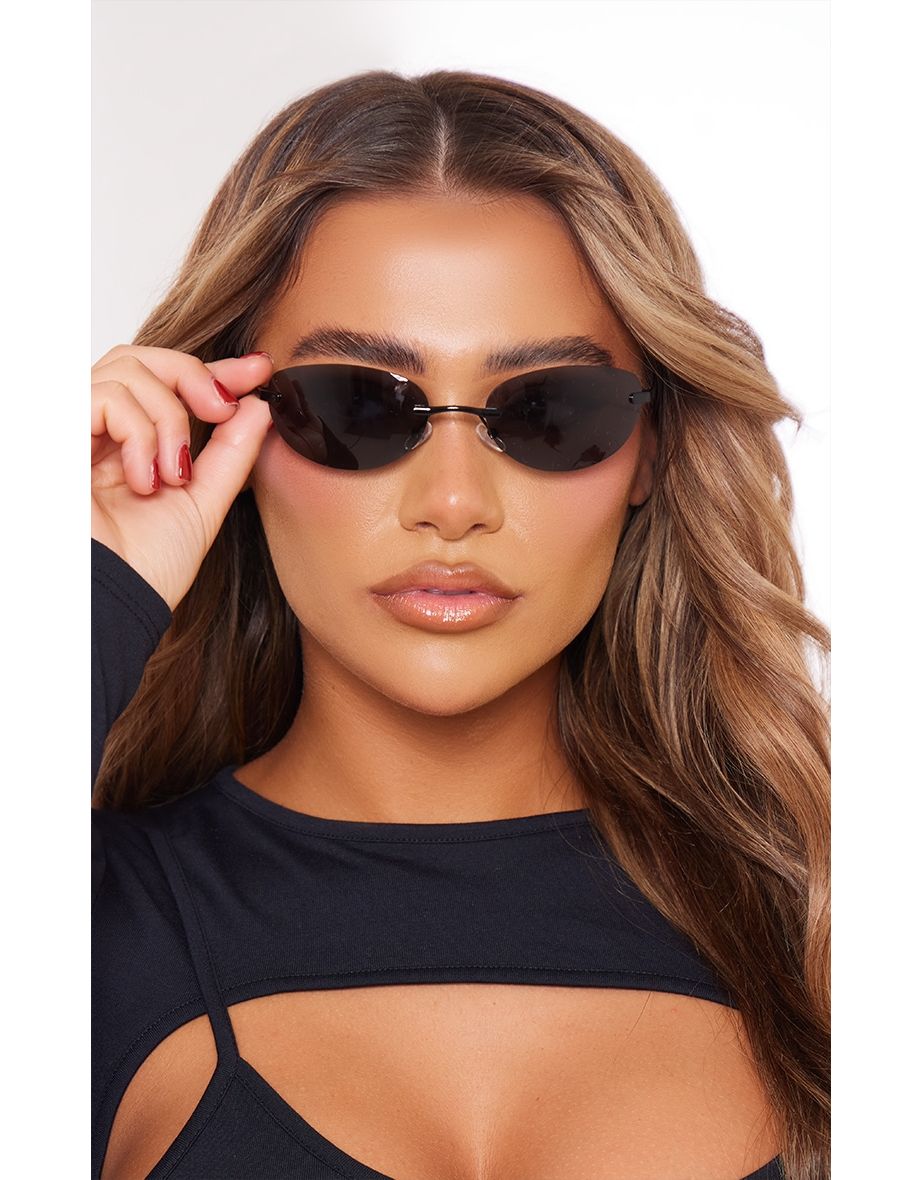 Black Framless Bug Eye Round Sunglasses