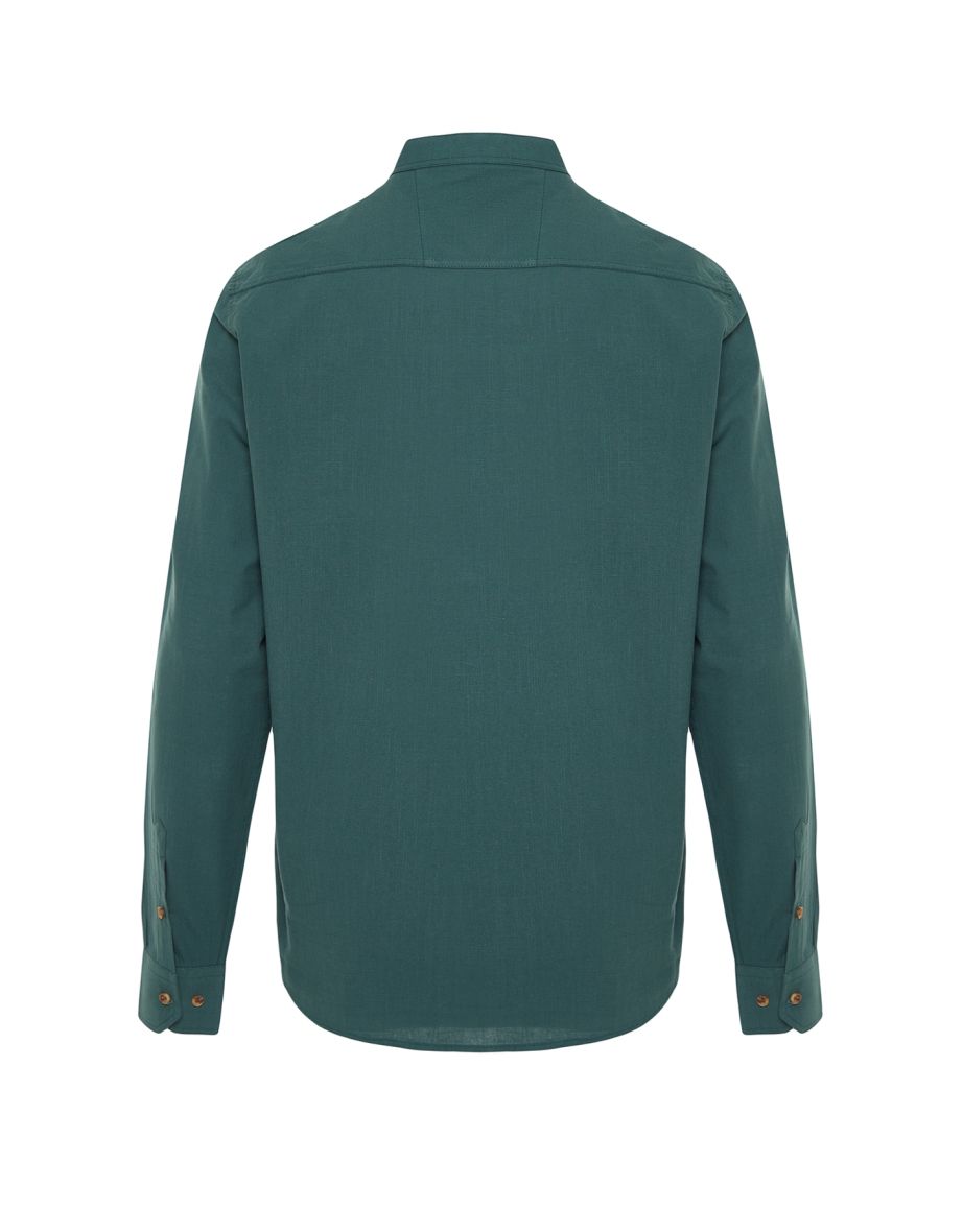 Dark Green Slim Fit Half-Plack Magnetic Collar 100% Cotton Shirt - 6