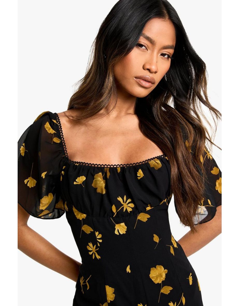 Floral Printed Milkmaid Godet Hem Playsuit - black - 3