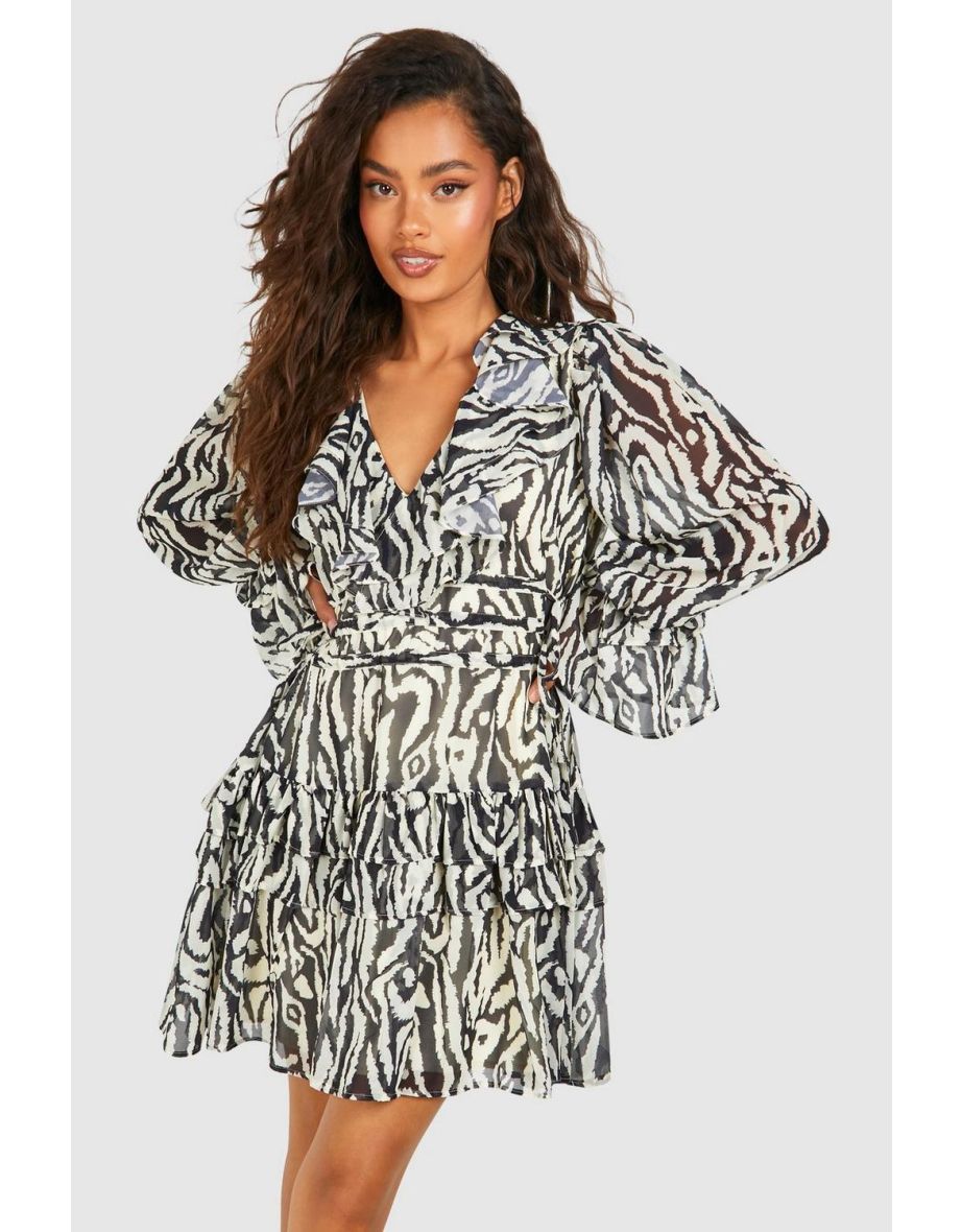 Animal Print Chiffon Ruffle Smock Dress - black