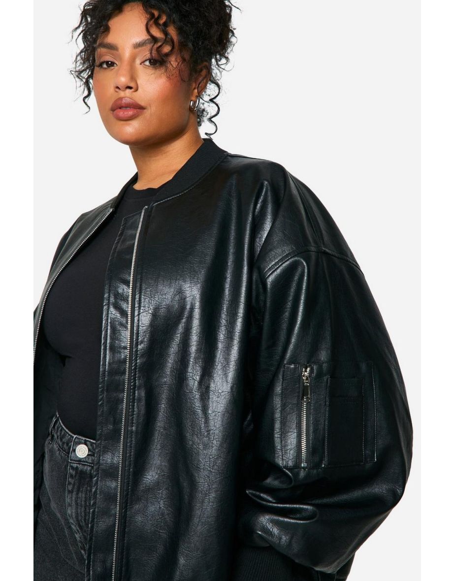 Plus Cracked Faux Leather Oversized Bomber Jacket - black - 3