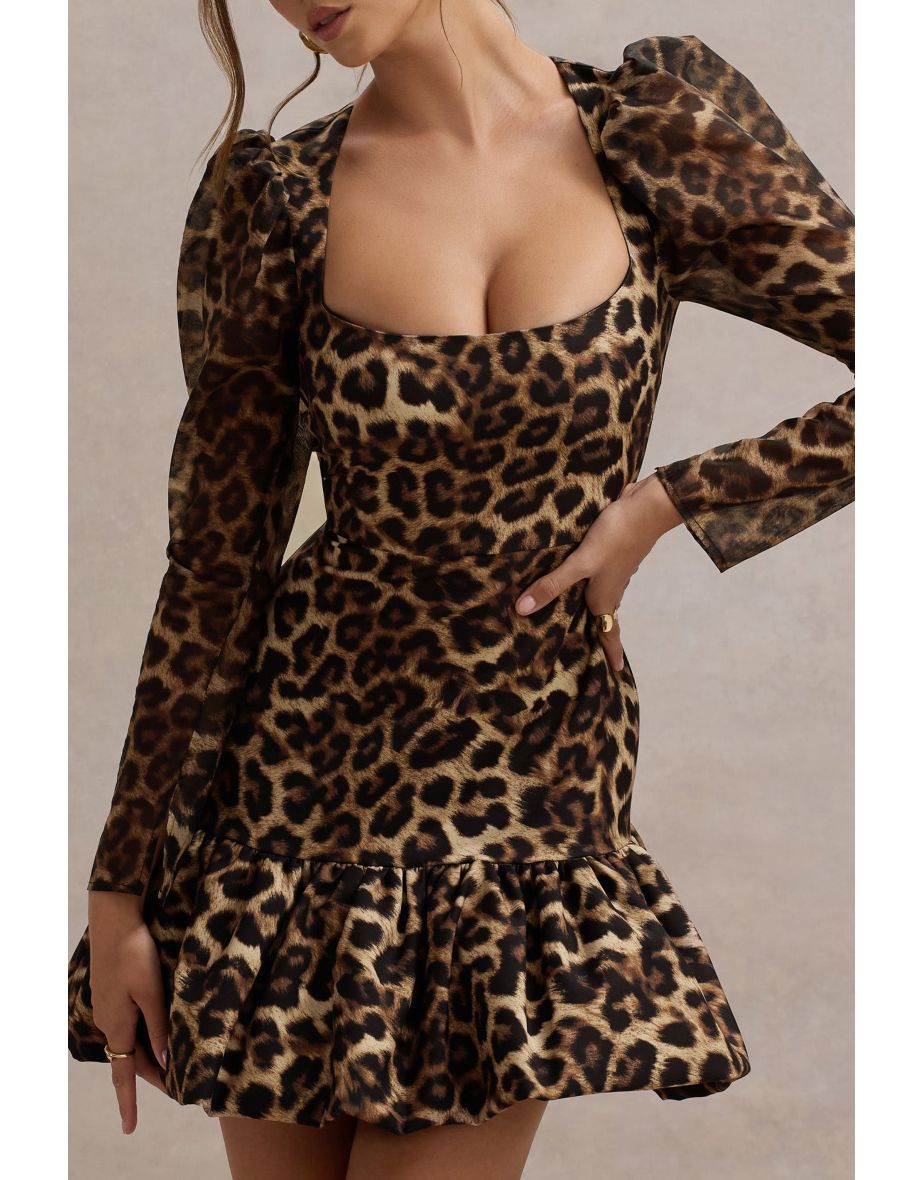 Ombra | Leopard Print Square-Neck Long-Sleeve Mini Dress With Ruffle Hem - 3