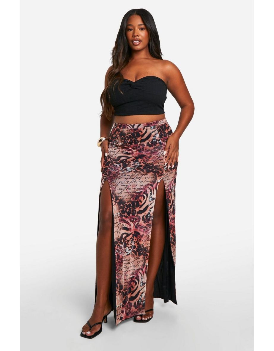 Shop Plus Mesh Mixed Leopard Print Split Detail Maxi Skirt Online in Oman VogaCloset