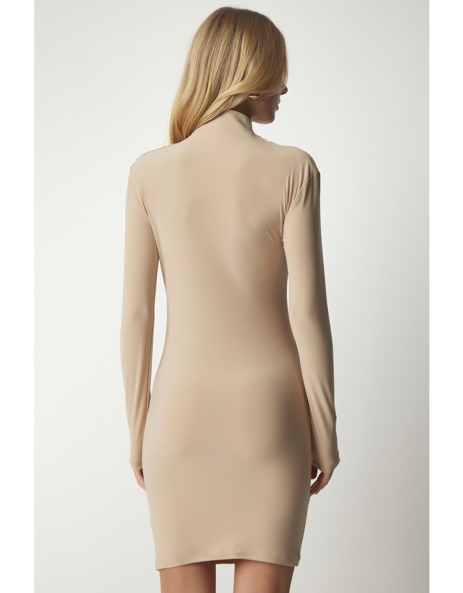 Beige Ruched Bodycon Midi Dress with Long Sleeve - 4