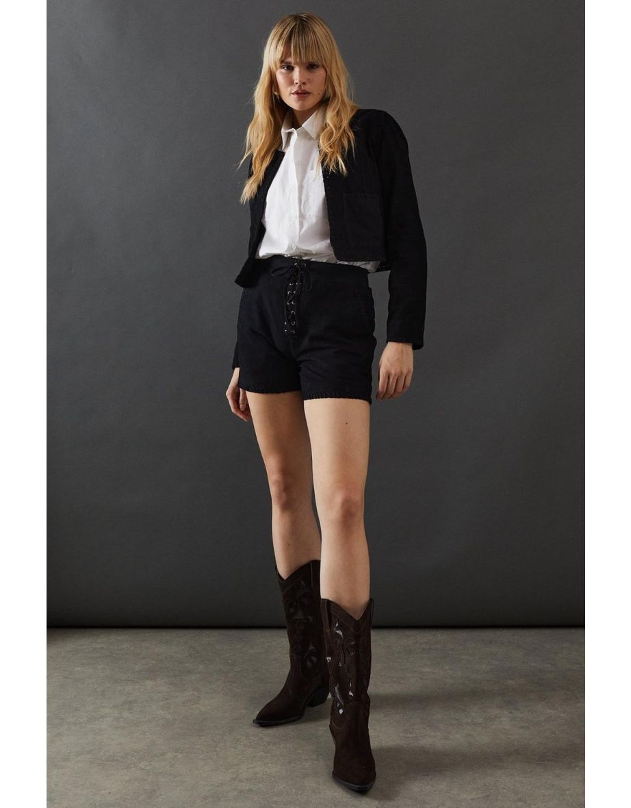 Real Suede Lace Up Whipstitch Short