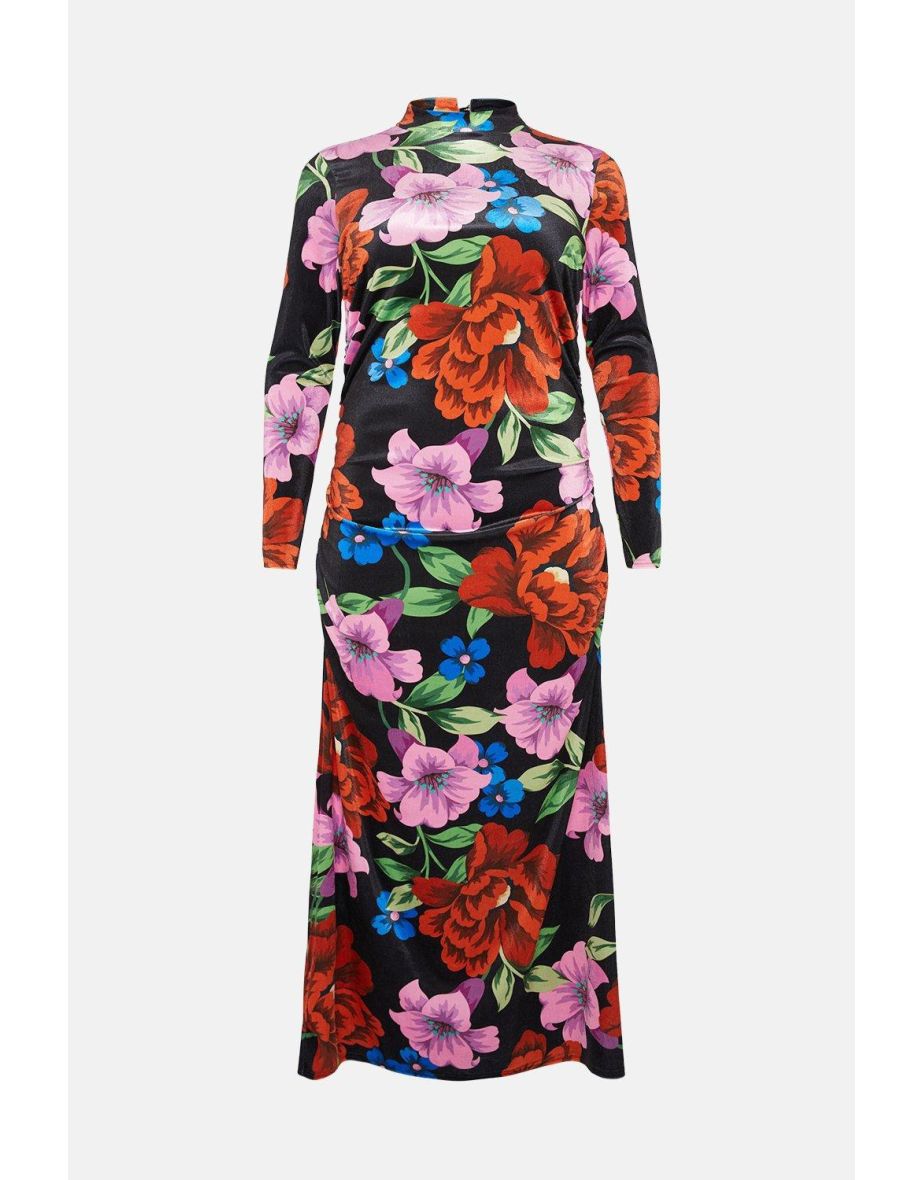 Plus Size Floral Velvet Funnel Neck Ruched Side Midi Dress - 3