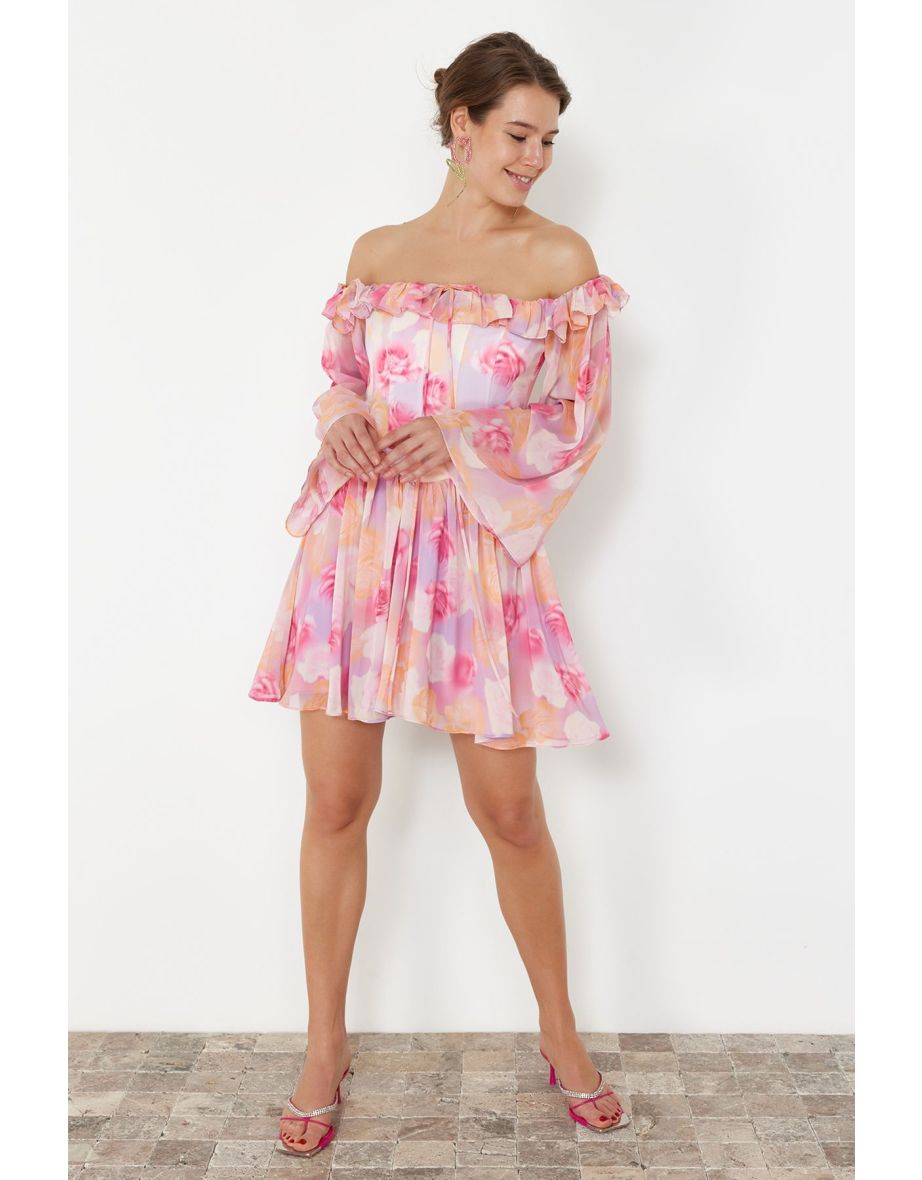 Multicolored Waist Opening/Skater Lined Flounce Chiffon Elegant Evening Dress