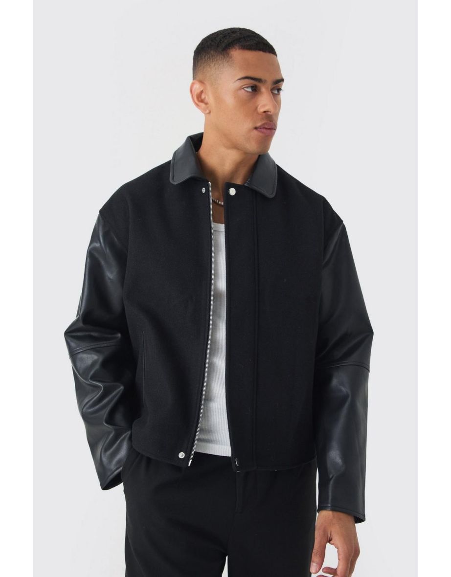 Boxy Pu Sleeve Collared Harrington Jacket In Black - black