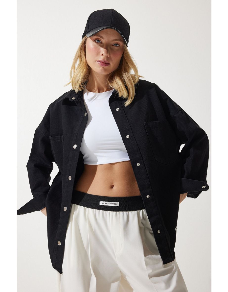 Women's Black Oversize Gabardine Jacket with Pockets - 5