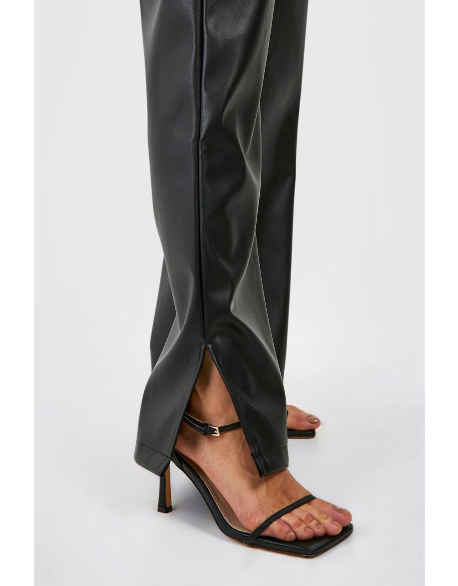 Leather Look High Waisted Split Hem Trousers - black - 3