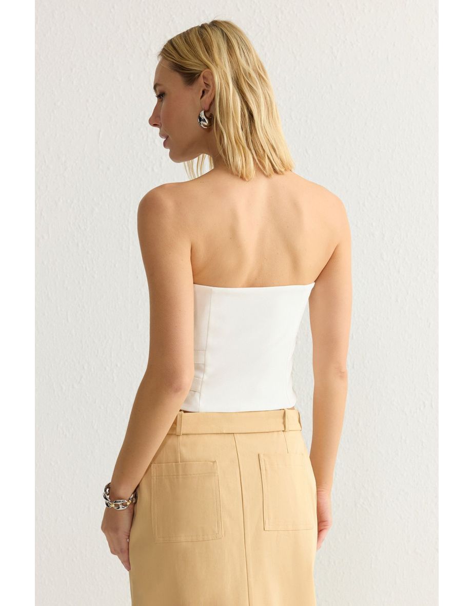 White Strapless Fitted Belt Buckle Detailed Woven Blouse - 7