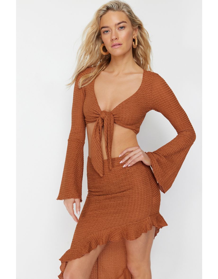 Brown Fitted Woven Tied Blouse Skirt Set