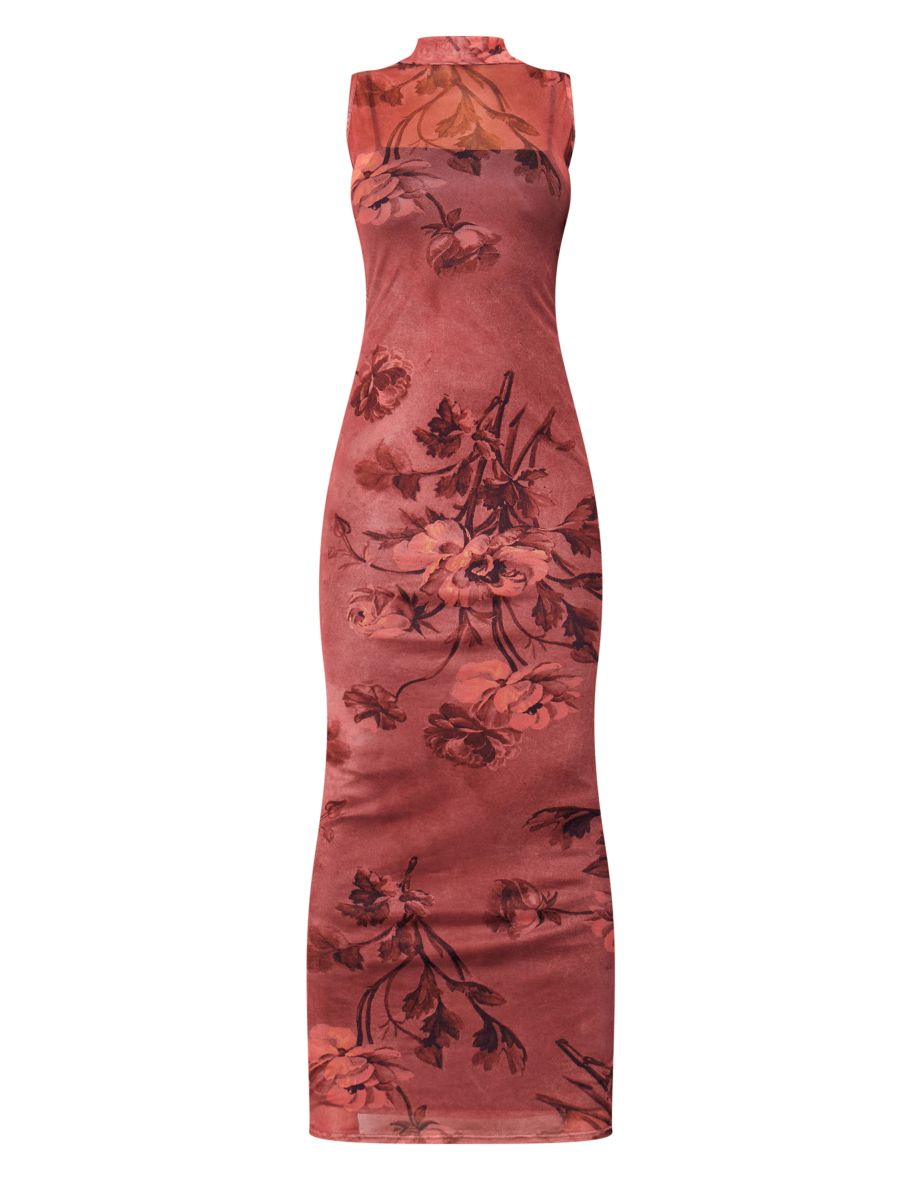Rust Printed Mesh Overlay Maxi Dress - 4