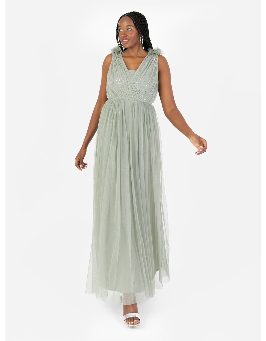 Anaya With Love Recycled Frosty Green Ruffle Shoulder Maxi Dress with Sequin Detail