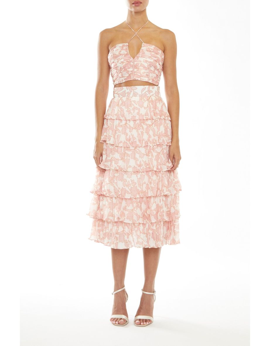 Zara Co-Ord Cream-Pink Outline Flower Tiered Pleated Midi Skirt
