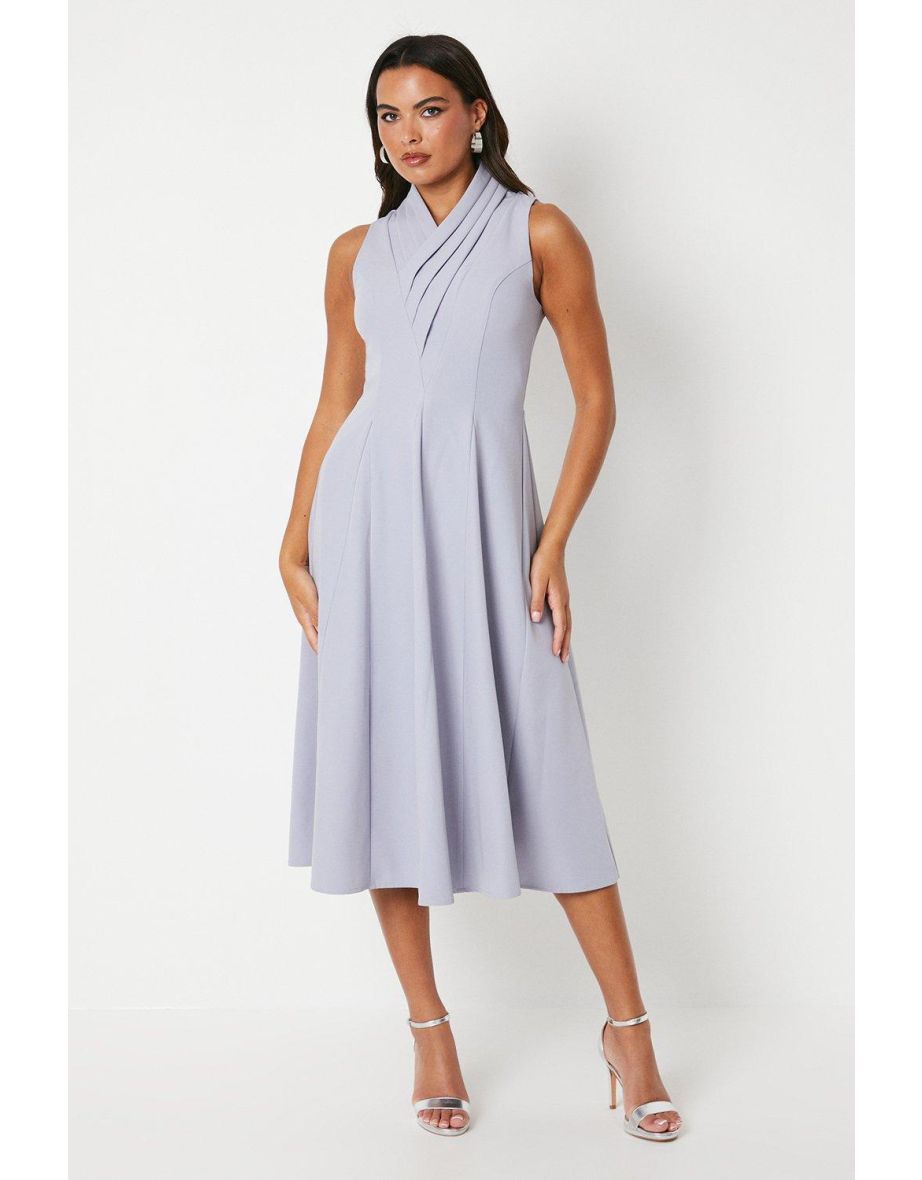 Crepe Pleat Collar Full Skirt Midaxi Dress