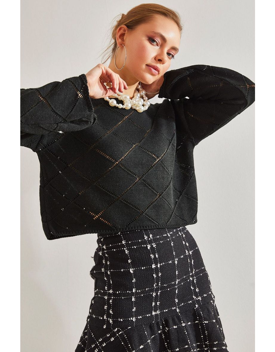 Women's Diamond Patterned Knitwear Sweater
