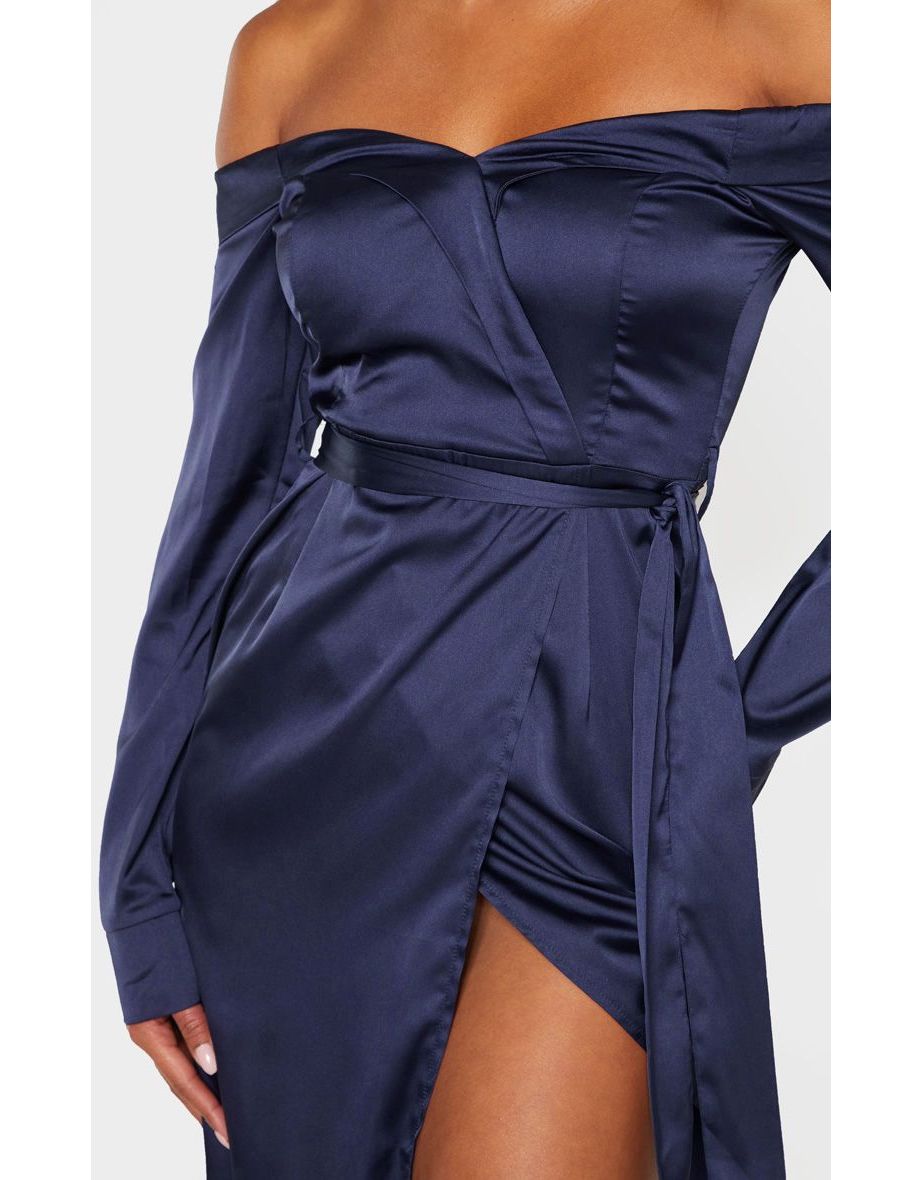 Navy Satin Bardot Lapel Detail Wrap Midi Dress - 4
