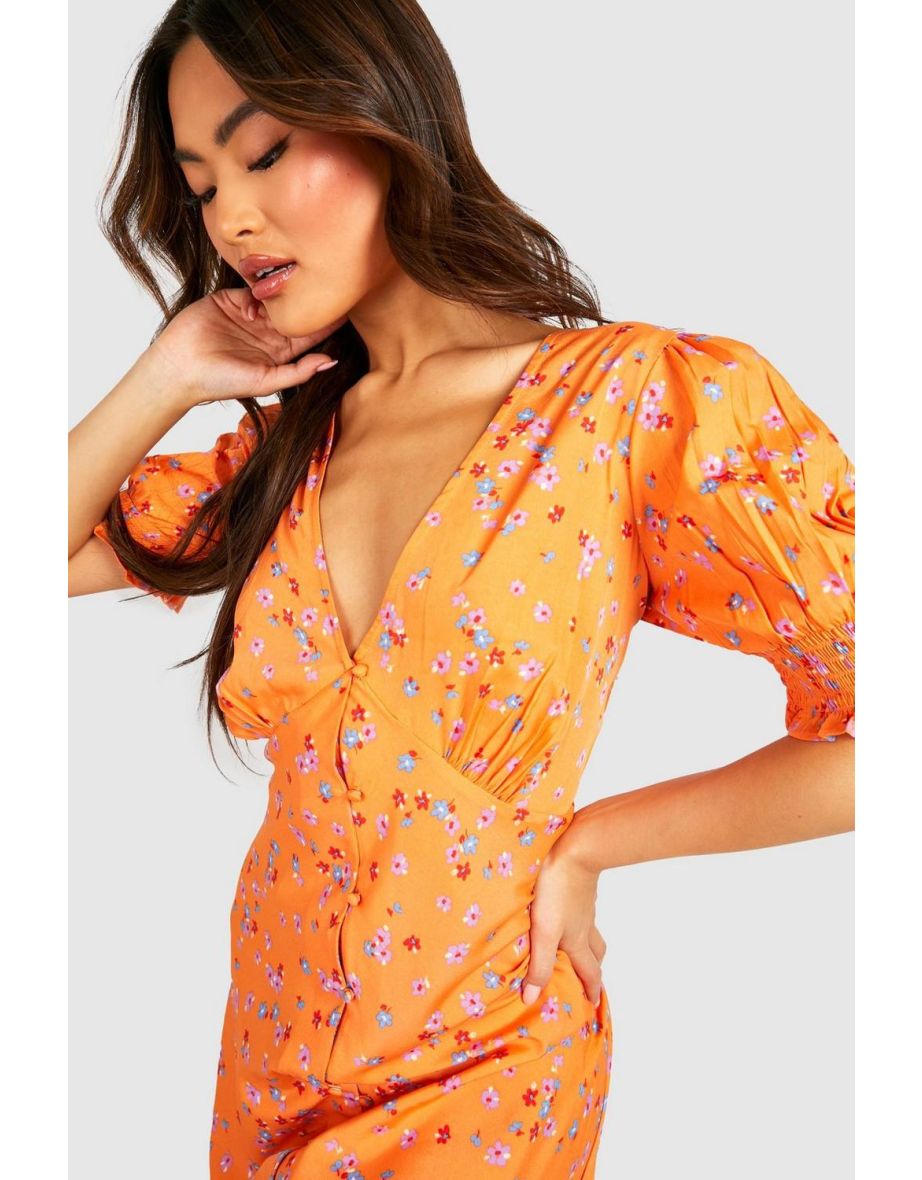 Floral Button Detail Midi Dress - orange - 3