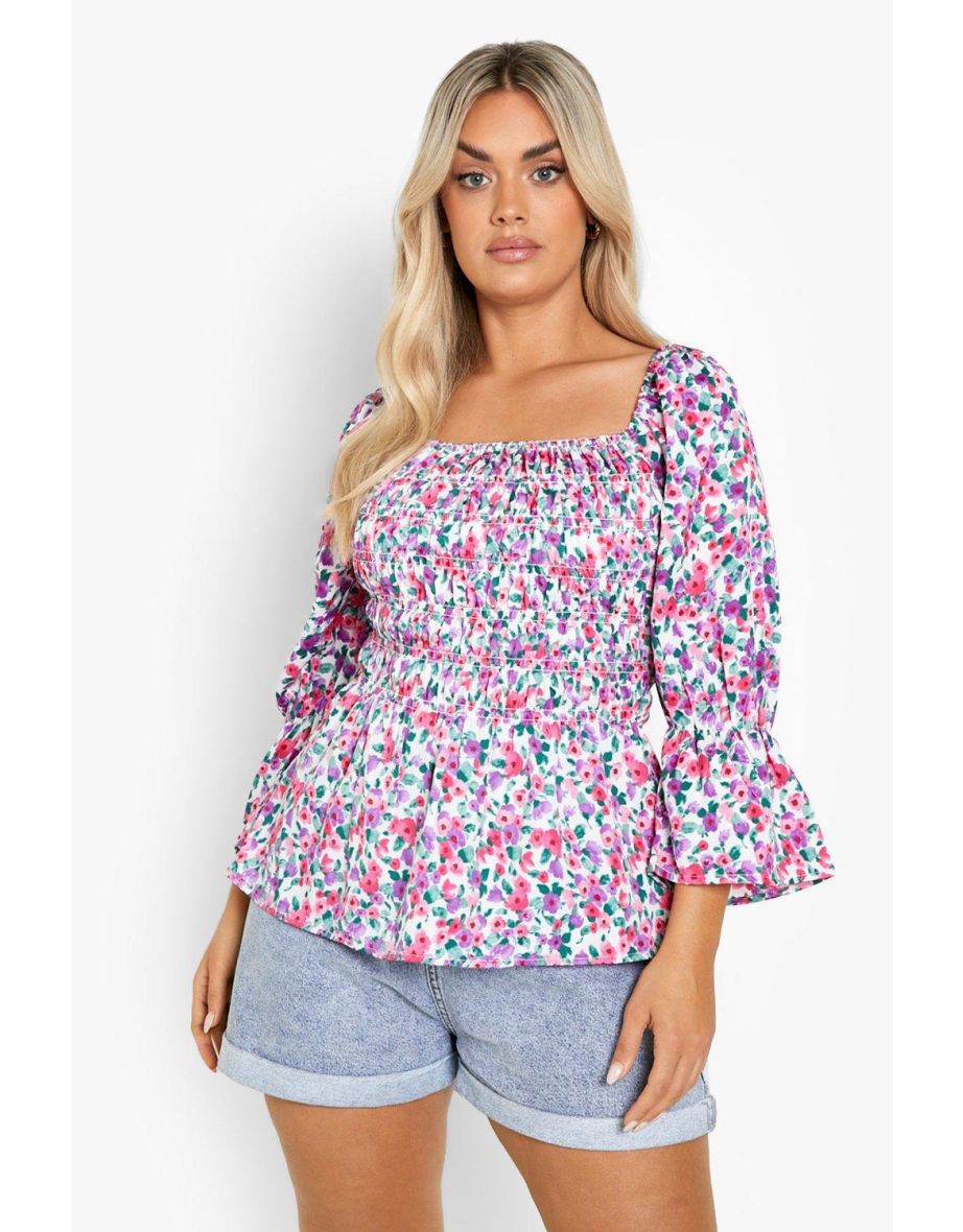 Plus Floral Shirred Frill Hem Blouse - white