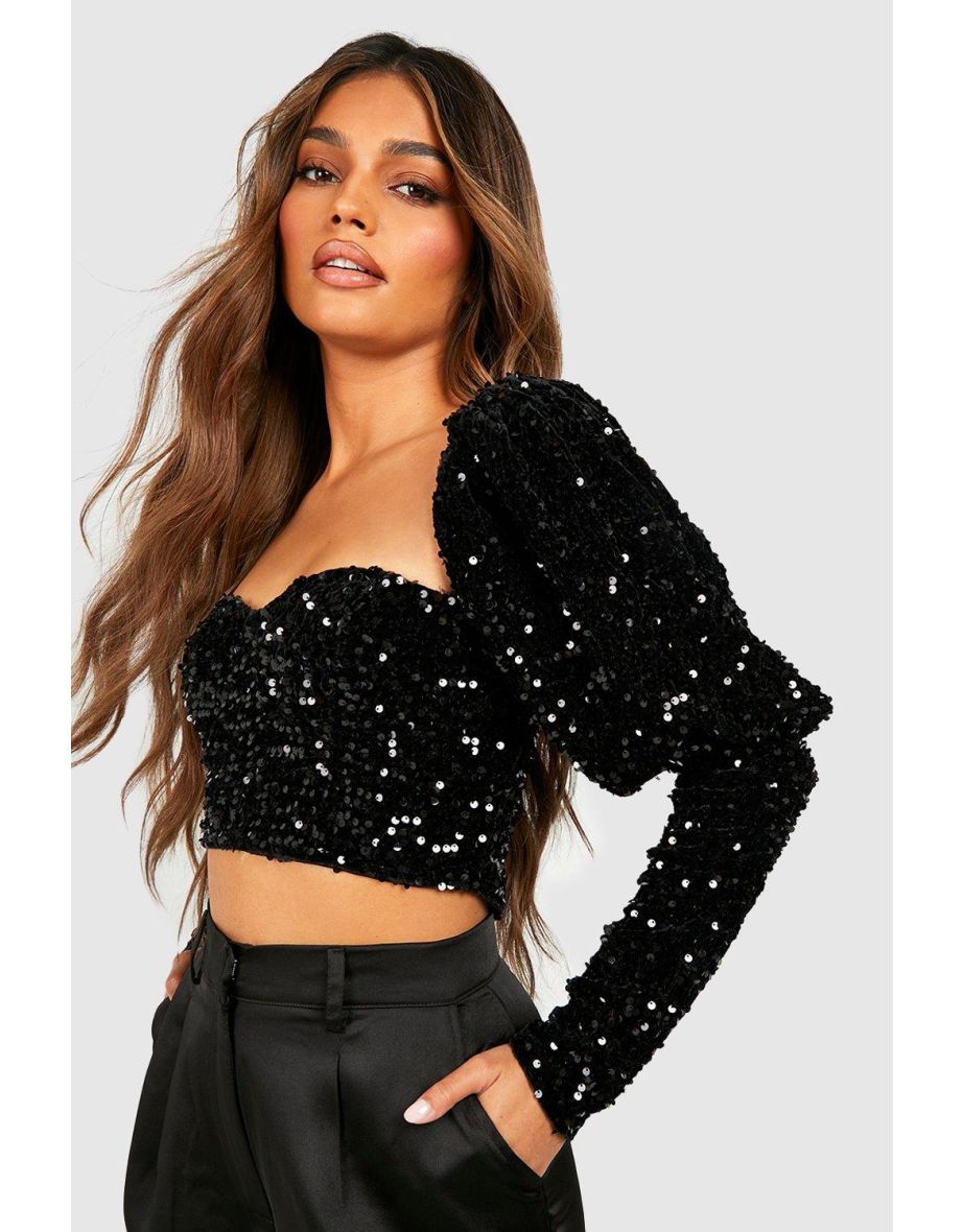 Sequin Sweetheart Neck Top - black