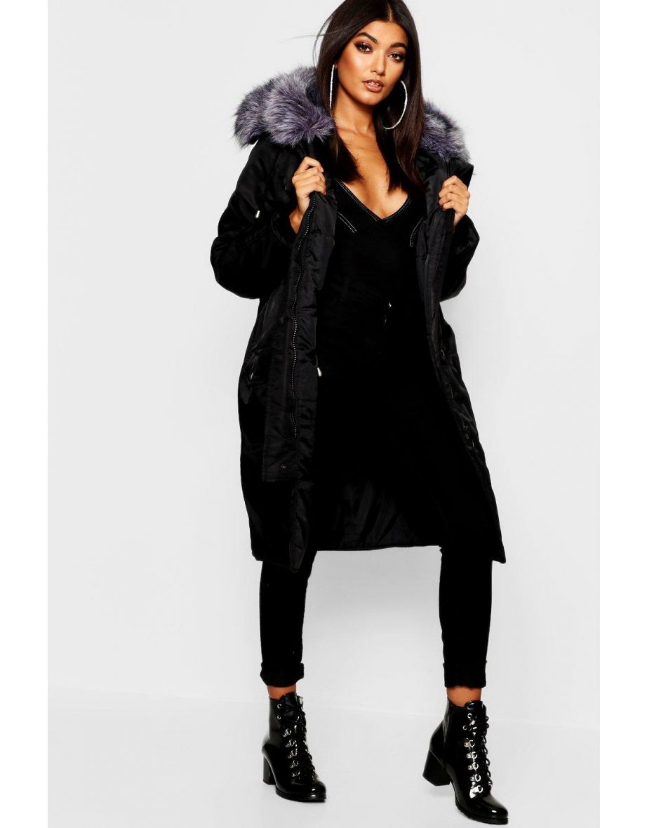 Oversized Faux Fur Fly Hood Luxe Parka Coat - black