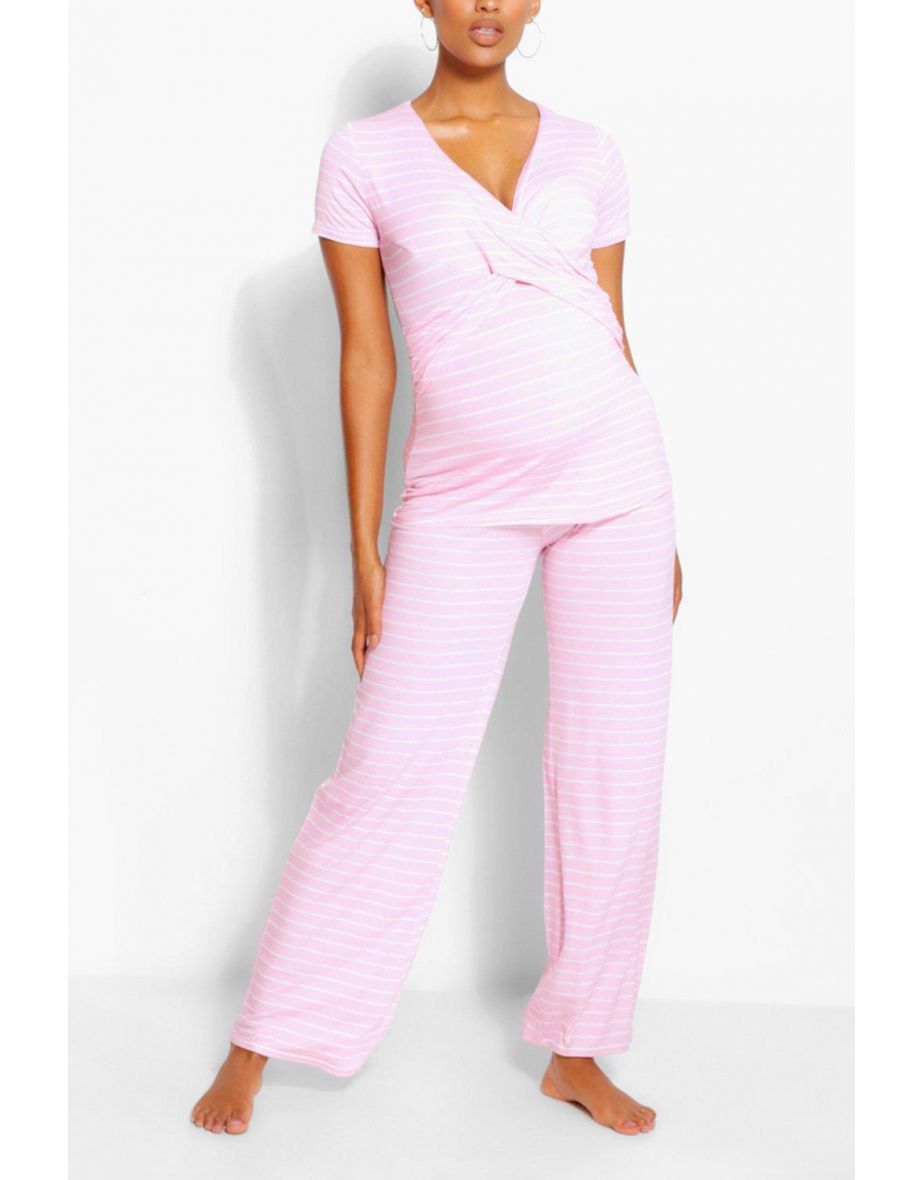 Maternity Wrap Stripe Nursing PJ Trouser Set - grey marl - 3
