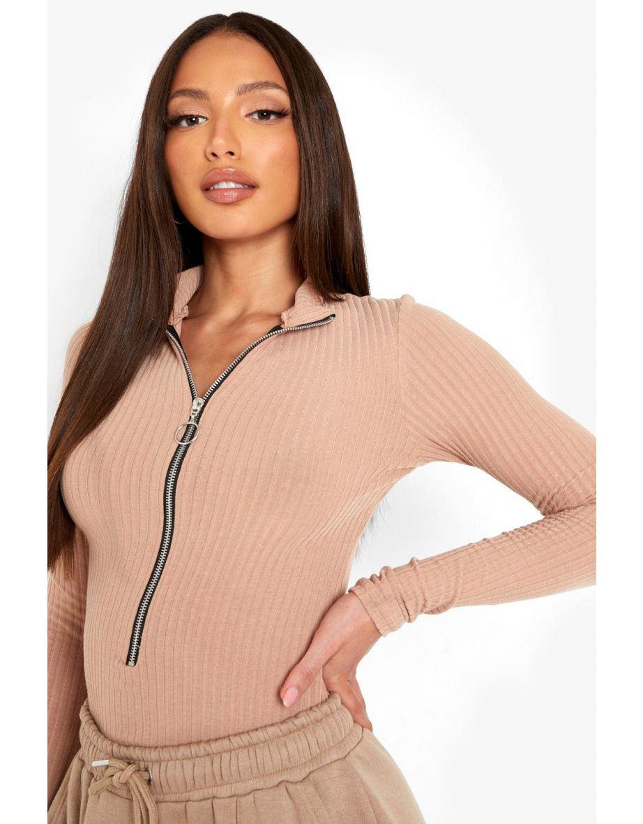 Tall Long Sleeve Zip Front Knitted Rib Bodysuit - stone - 3