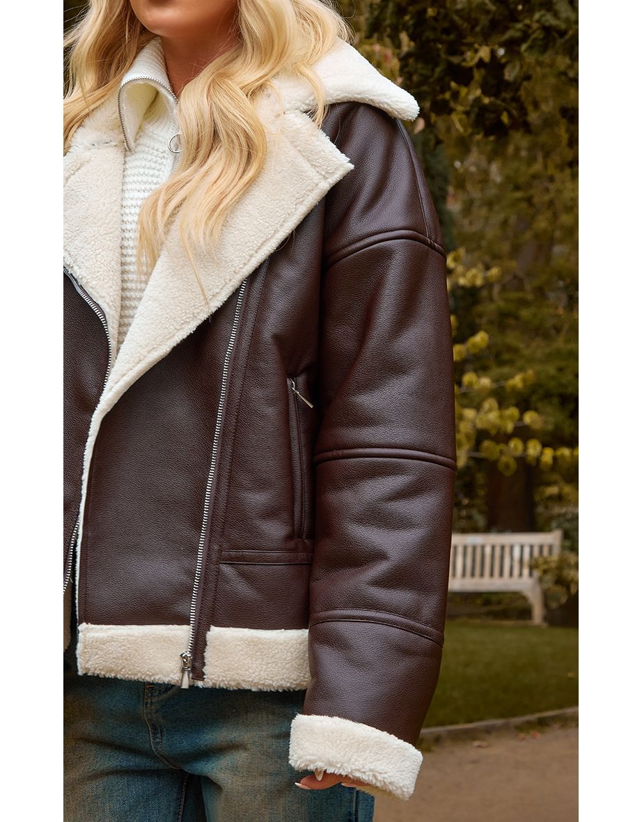 Chocolate Faux Leather Borg Lined Biker Detail Aviator Jacket - 3