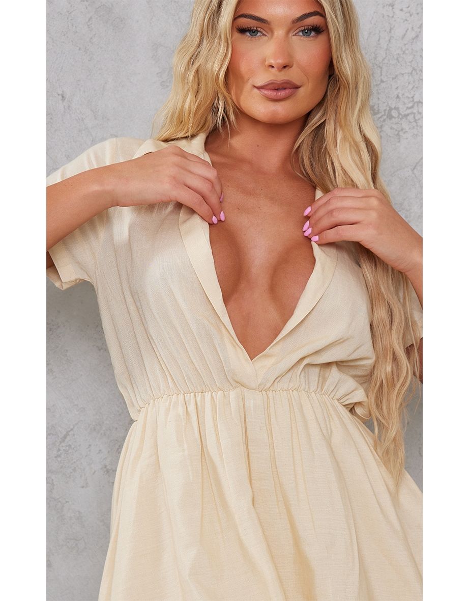 Beige Ruched A-Line Mini Skater Dress - 3