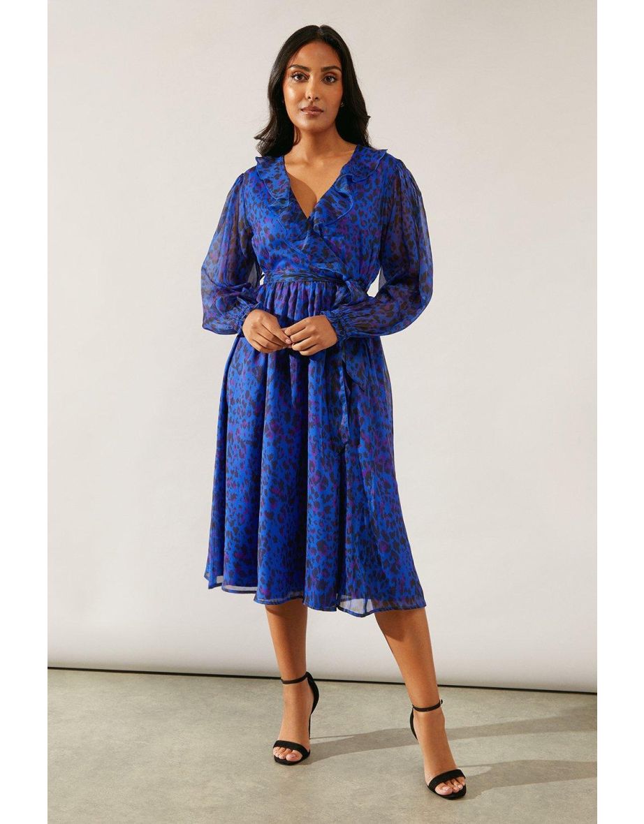 Petite Blue Leopard Ruffle Wrap Dress