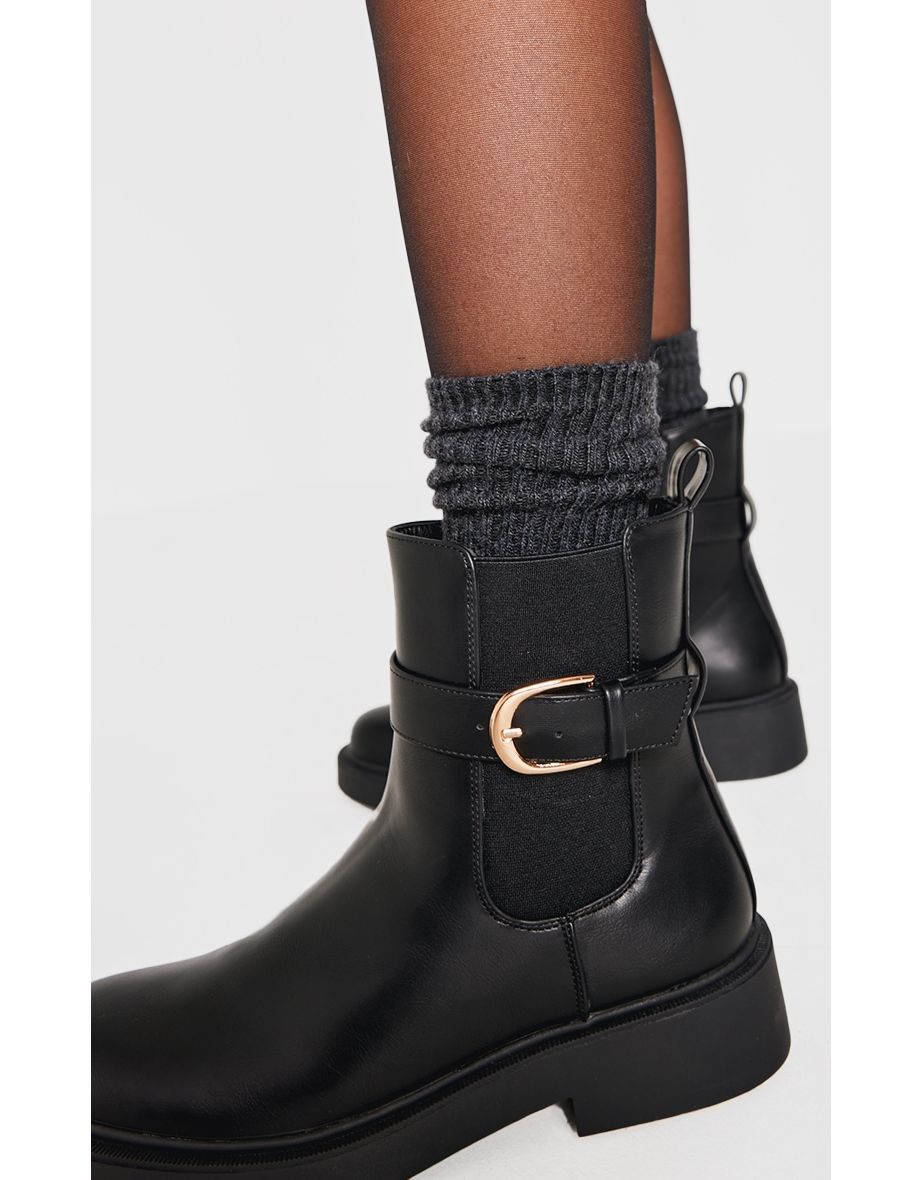 Black Round Toe Gold Buckle Chelsea Boots - 3