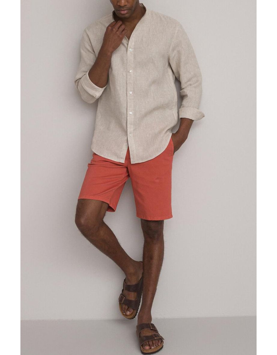 Linen Mandarin Collar Shirt, Regular Fit with Long Sleeves